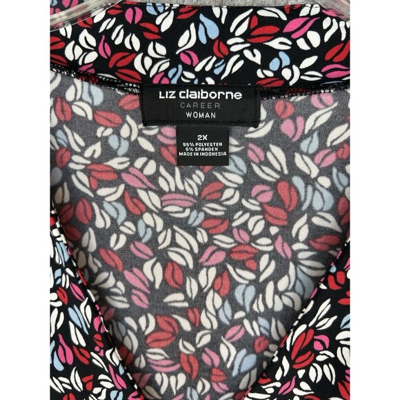 Liz Claiborne Career Blouse Women's 2X Black & Red Floral 3/4 Sleeve Stretch - Picture 9 of 9